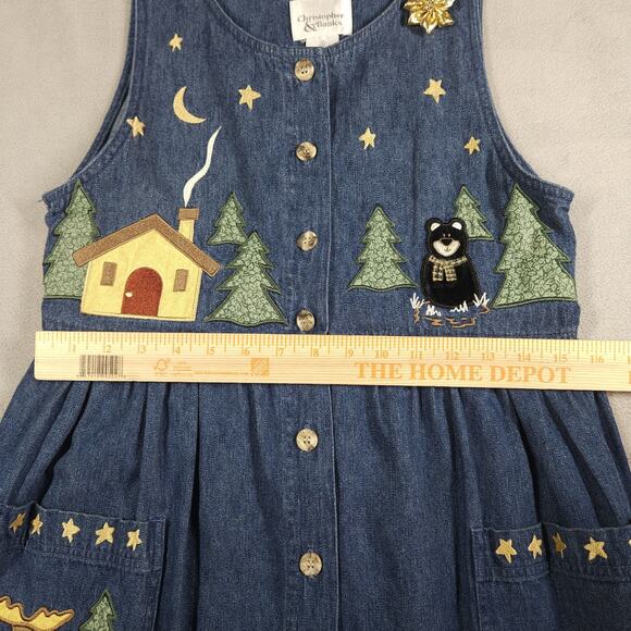 Vintage Denim Dress Womens 6 Nature Bear Cabin Embroidered Novelty Cottagecore - Picture 14 of 16